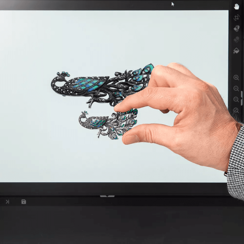 Hand hält Schmuck vor einem Bildschirm mit Orbitvu-Software
