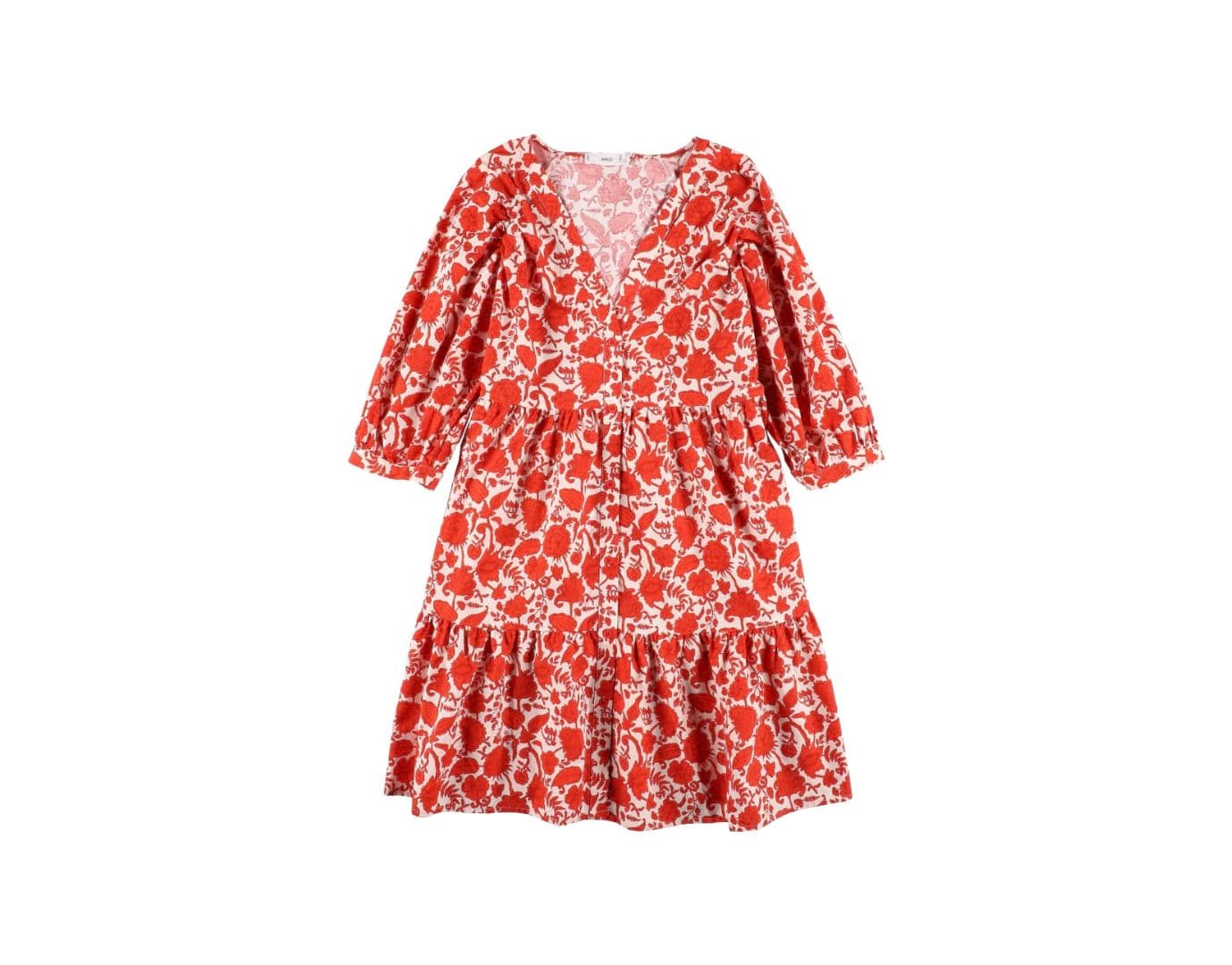 Gestuftes Damenkleid mit rot-weißem Blumenmuster