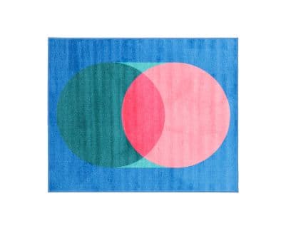 Abstrakter geometrischer Teppich in Blau, Pink und Grün mit Kreisen