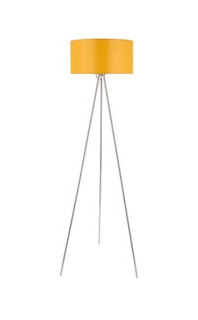 Moderne Dreibein-Stehlampe mit gelbem Trommelschirm