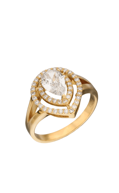 Halo-Ring aus Gelbgold mit birnenförmigem Diamanten