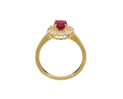 Halo-Ring aus Gelbgold mit ovalem Rubin und Diamanten