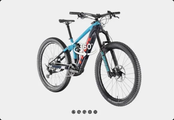 360°-Ansicht eines blauen elektrischen Mountainbikes