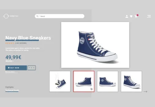 UI der Produktseite für marineblaue Sneakers