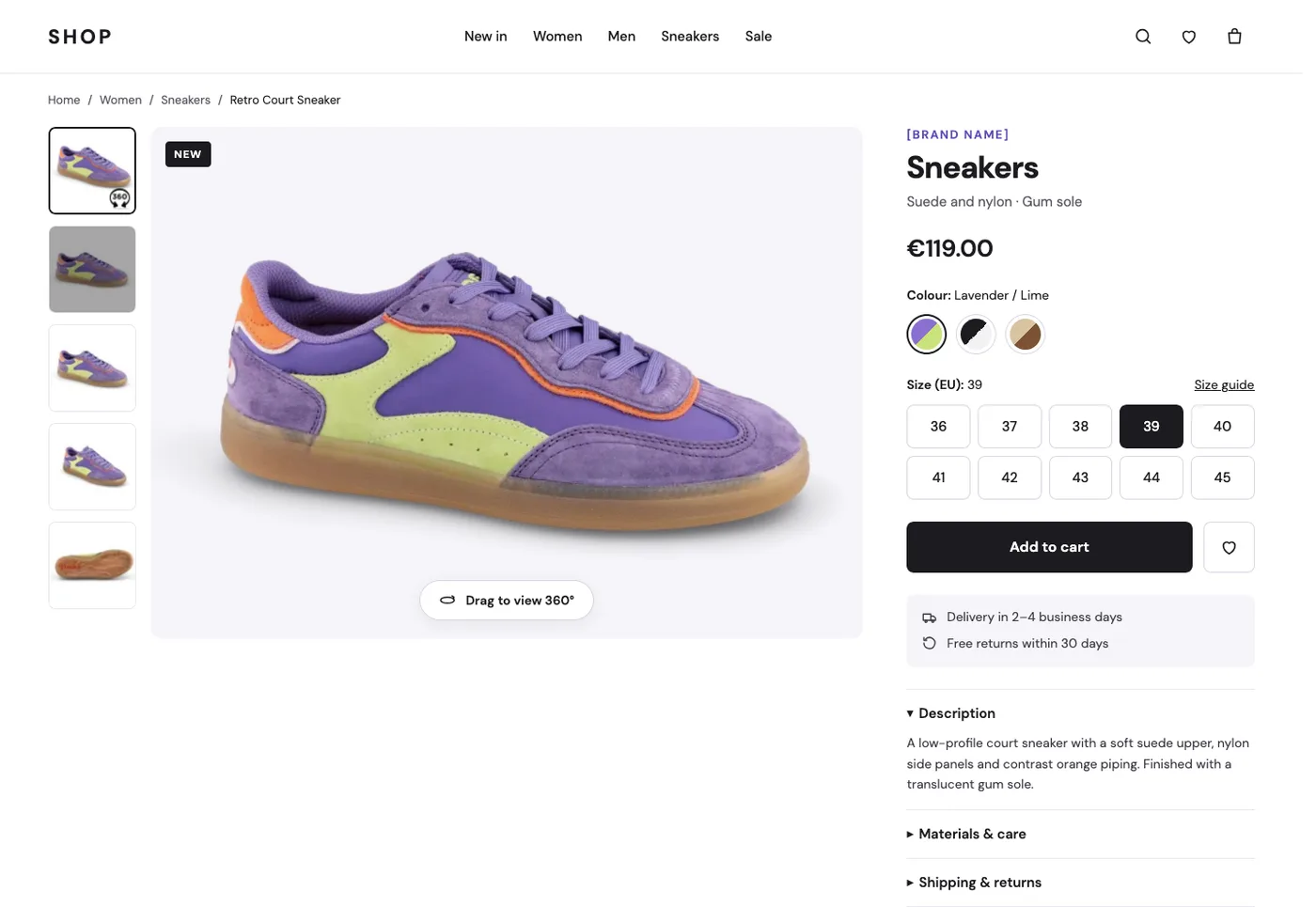 Produktseite eines Sneakers mit 360°-Ansicht