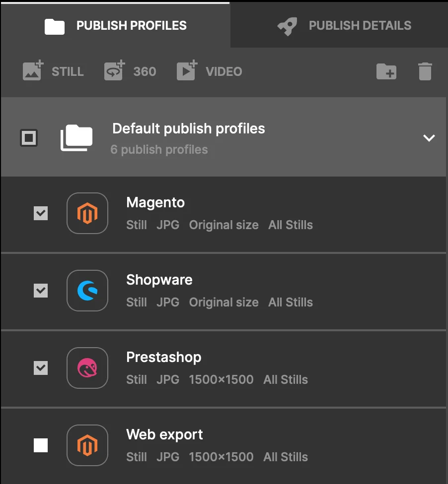 Veröffentlichungsprofile in Orbitvu Station für Magento, Shopware und PrestaShop