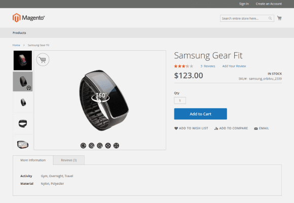 Samsung Gear Fit Produktseite mit 360°-Ansicht auf Magento