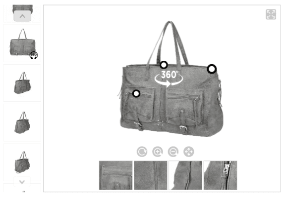 360°-Produktansicht einer grauen Ledertasche
