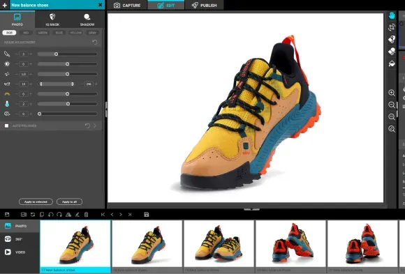 Bildbearbeitungsoberfläche für gelbe New Balance Trail-Schuhe