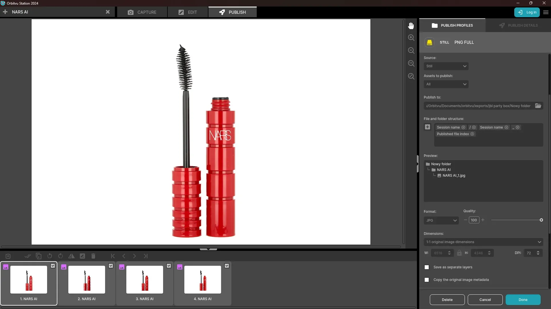 Foto-Exporteinstellungen für NARS Mascara in der Produktfotografie-Software