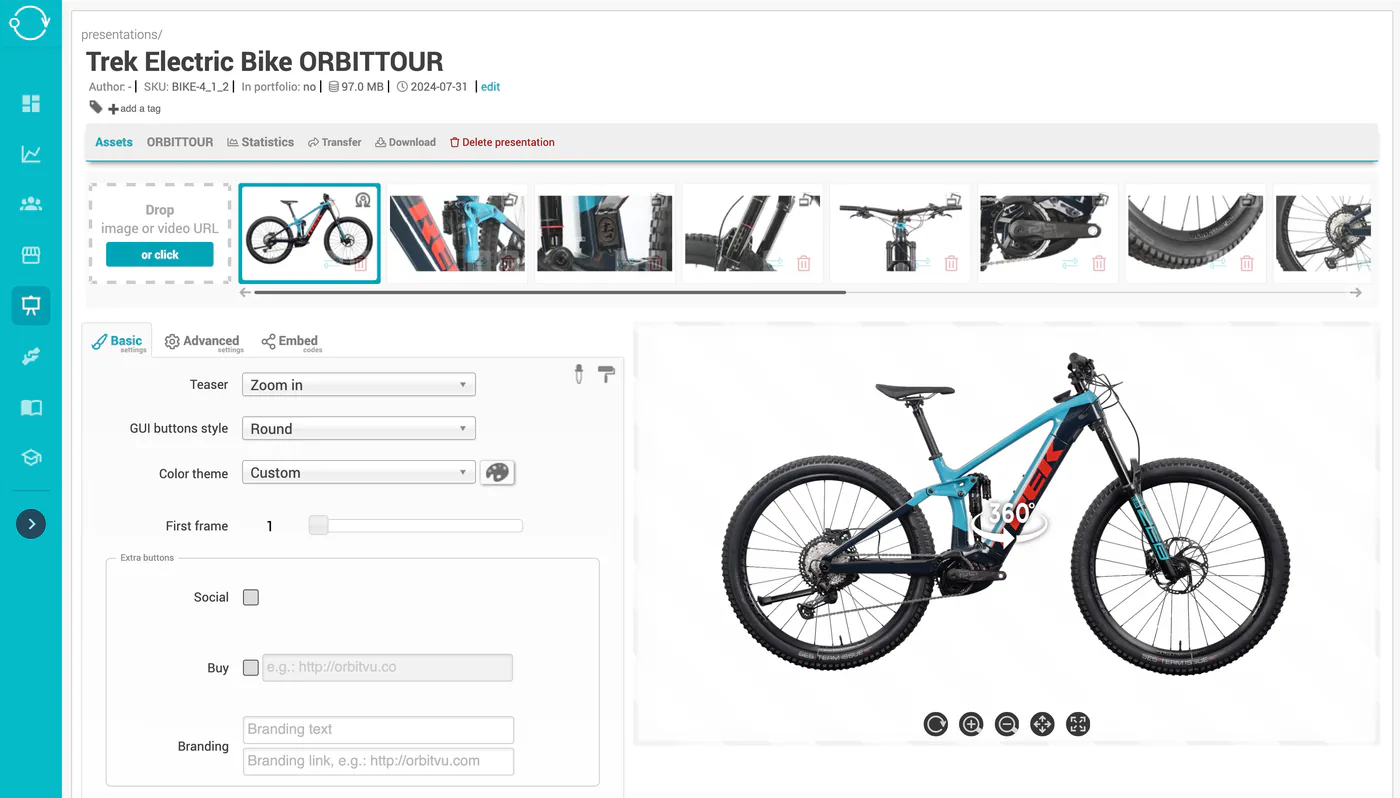 Produkttour-Editor in Orbitvu Cloud mit einer 360°-Ansicht eines Fahrrads