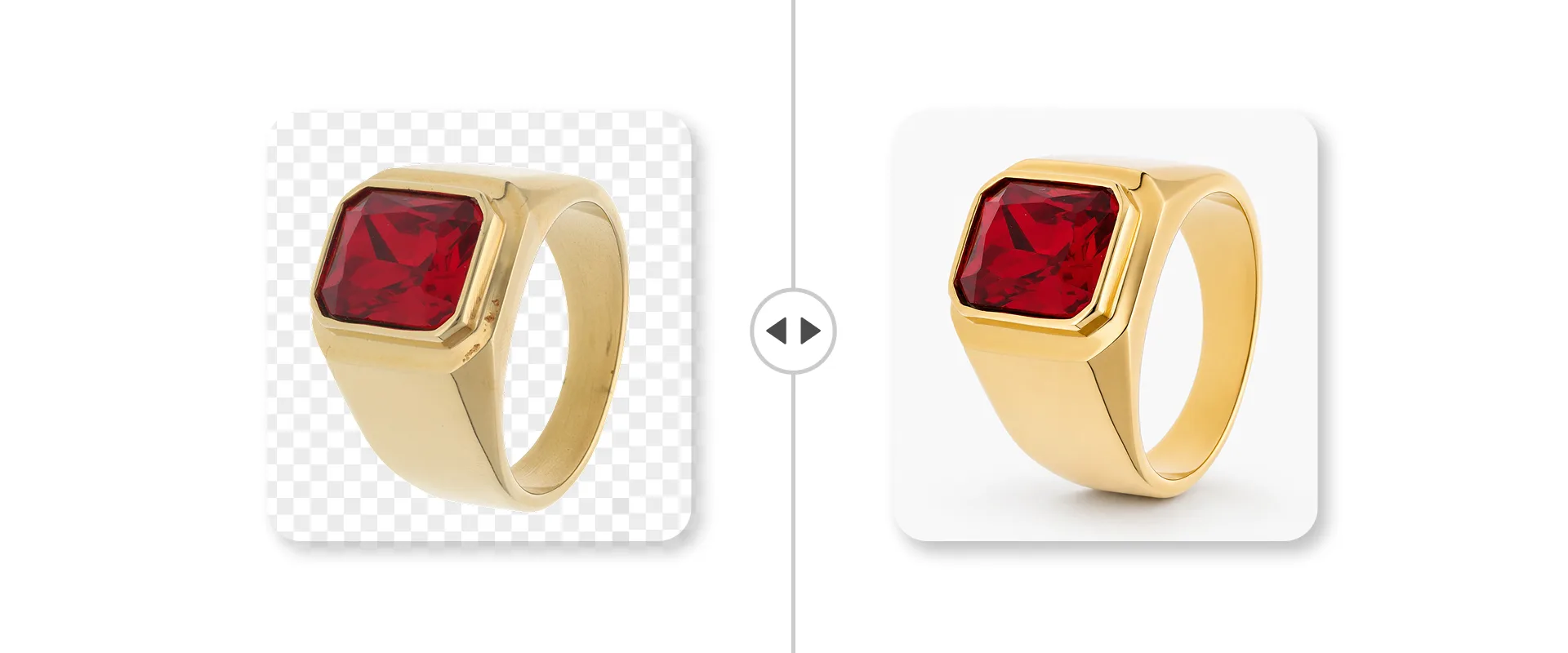AI Retoucher vorher und nachher: ein goldener Siegelring mit rotem Edelstein, automatisch bereinigt