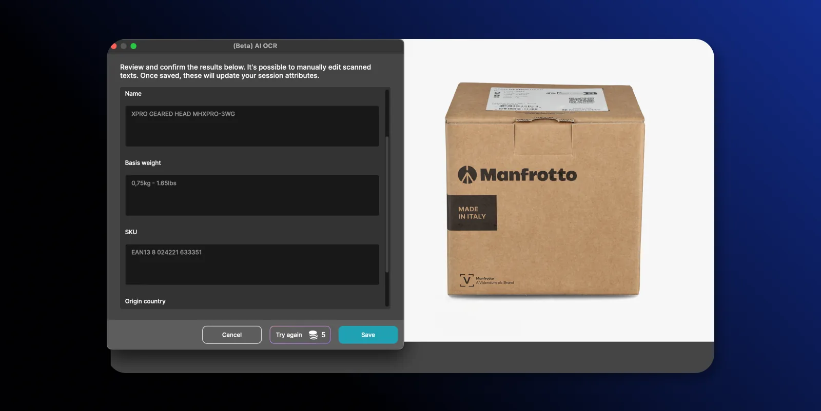 AI OCR extrahiert Produktname, Gewicht, SKU und Herkunftsland aus einer Kartonverpackung in Orbitvu Station