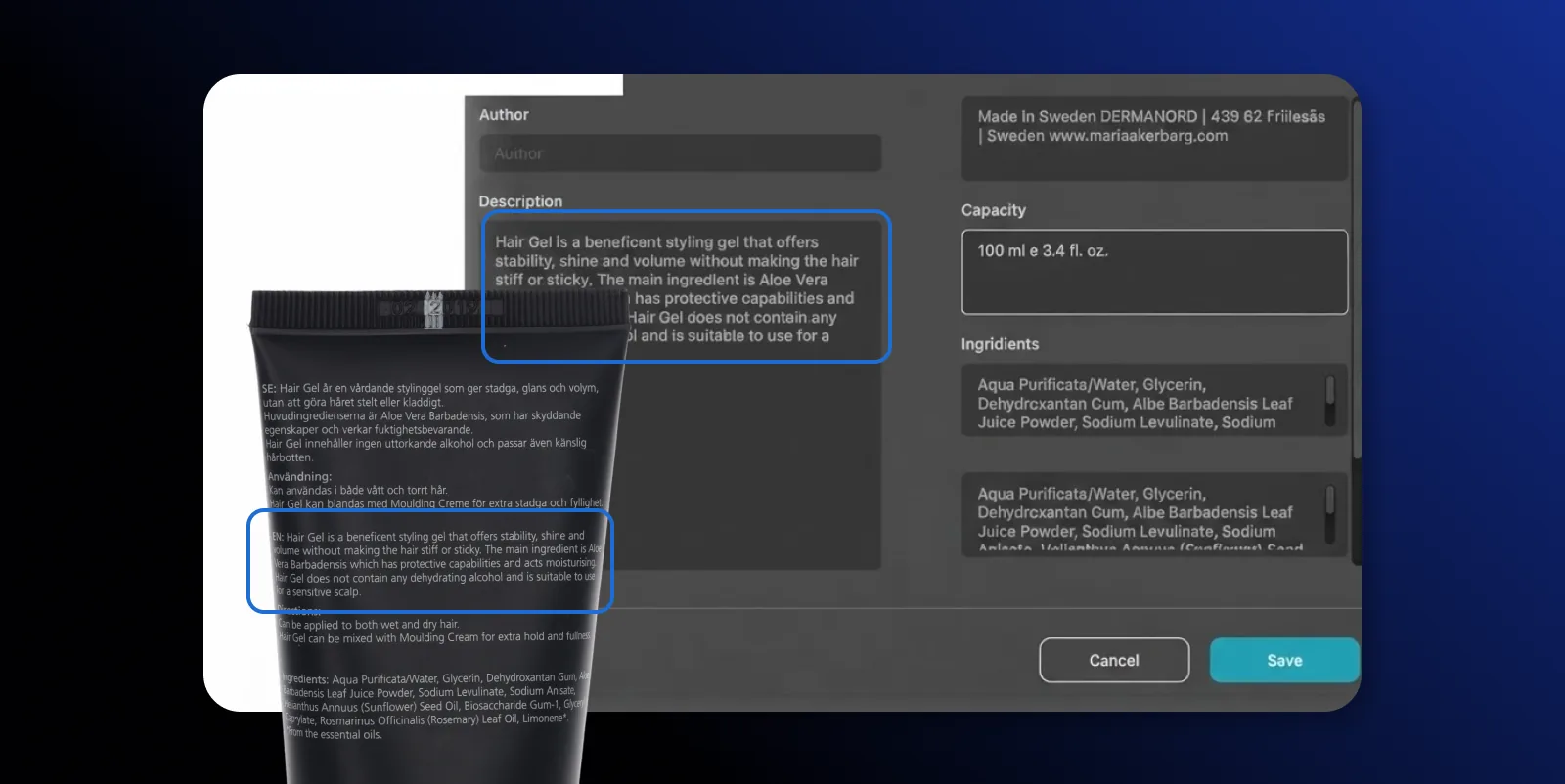 AI OCR extrahiert Produktbeschreibung und Füllmenge aus einem Produktetikett in Orbitvu Station