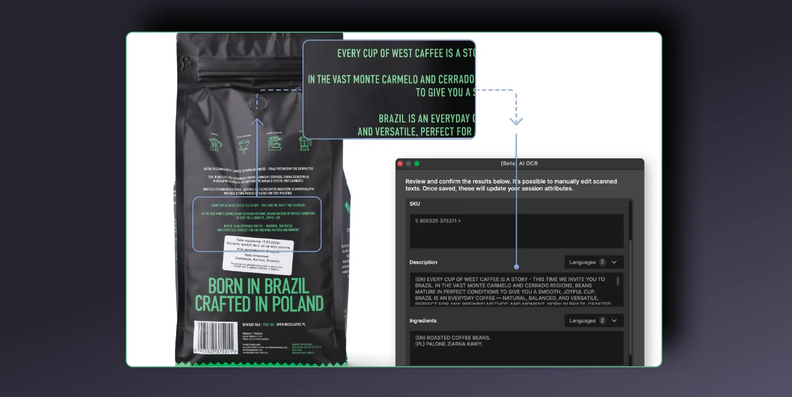 AI OCR in Orbitvu Station liest SKU, Beschreibung und Inhaltsstoffe von einer Produktverpackung in Session-Attribute ein