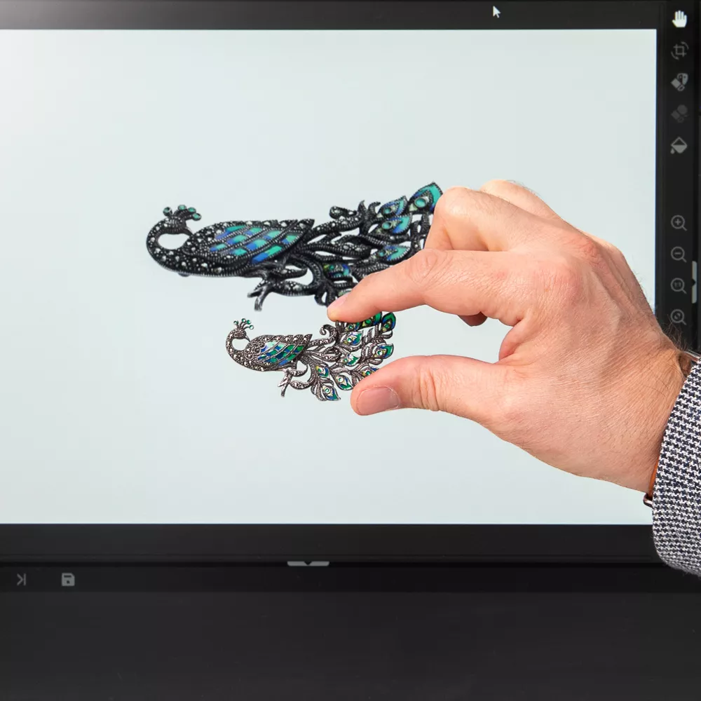 Hand hält Schmuck vor einem Bildschirm mit Orbitvu-Software